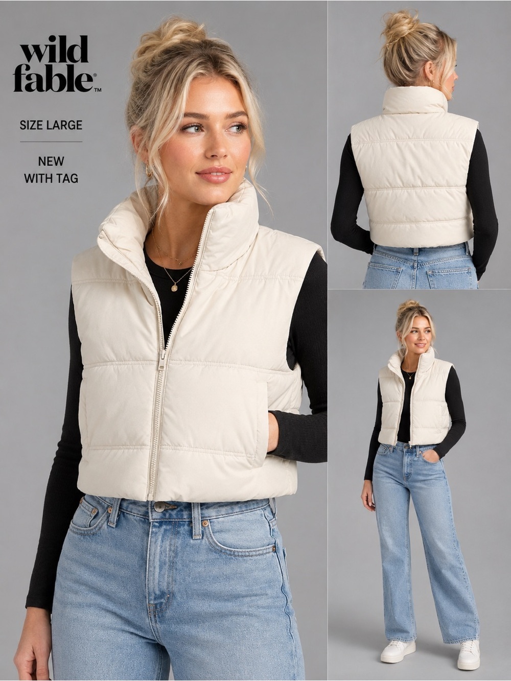 Wild Fable Cropped Matte Cream Quilted Puffer Vest NWT Size Large Zip Front